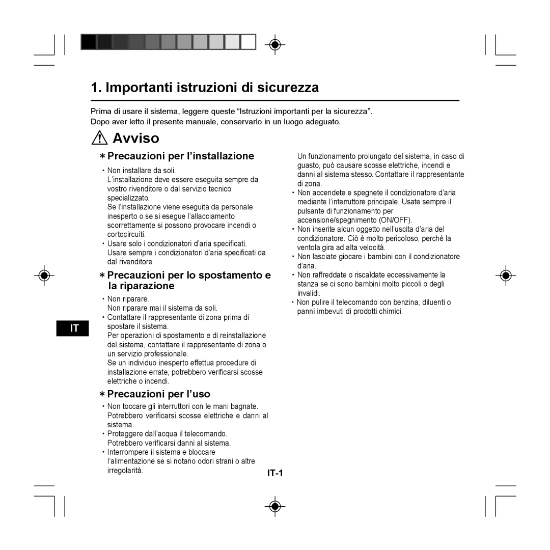 Panasonic CZ-RE2C2 Avviso, Importanti istruzioni di sicurezza, ＊Precauzioni per l’installazione, ＊Precauzioni per l’uso 