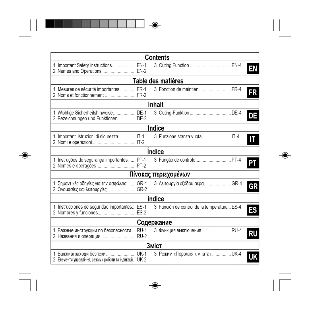 Panasonic CZ-RE2C2 instruction manual Πίνακας περιεχομένων, Índice 