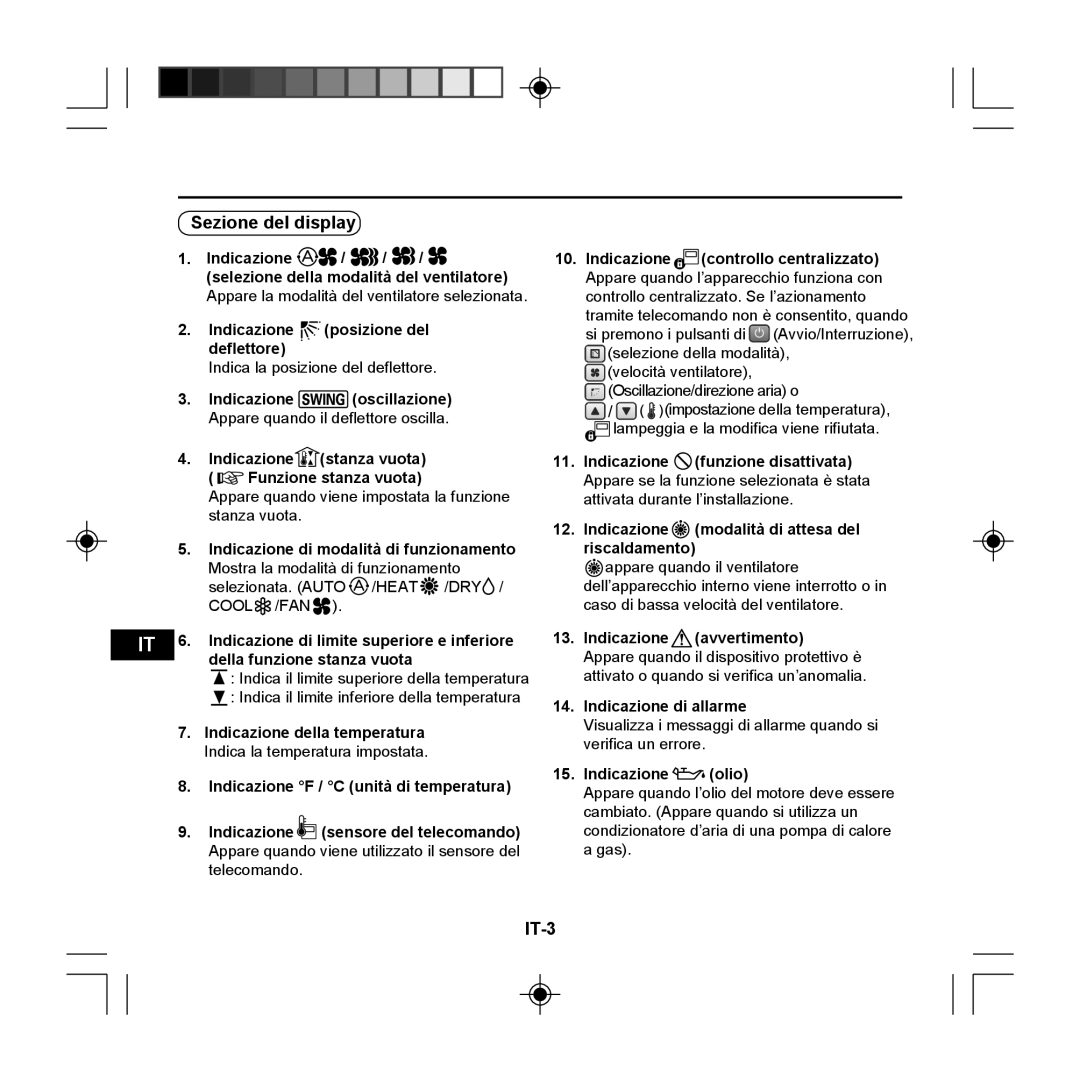 Panasonic CZ-RE2C2 Sezione del display, IT-3, Indicazione stanza vuota Funzione stanza vuota, Indicazione olio 