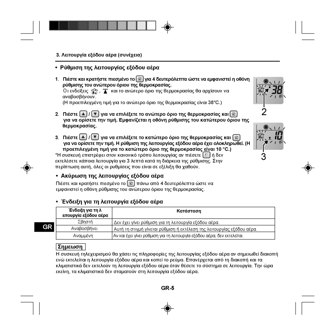 Panasonic CZ-RE2C2 Ρύθμιση της λειτουργίας εξόδου αέρα, Ακύρωση της λειτουργίας εξόδου αέρα, Σημεωση, GR-5 