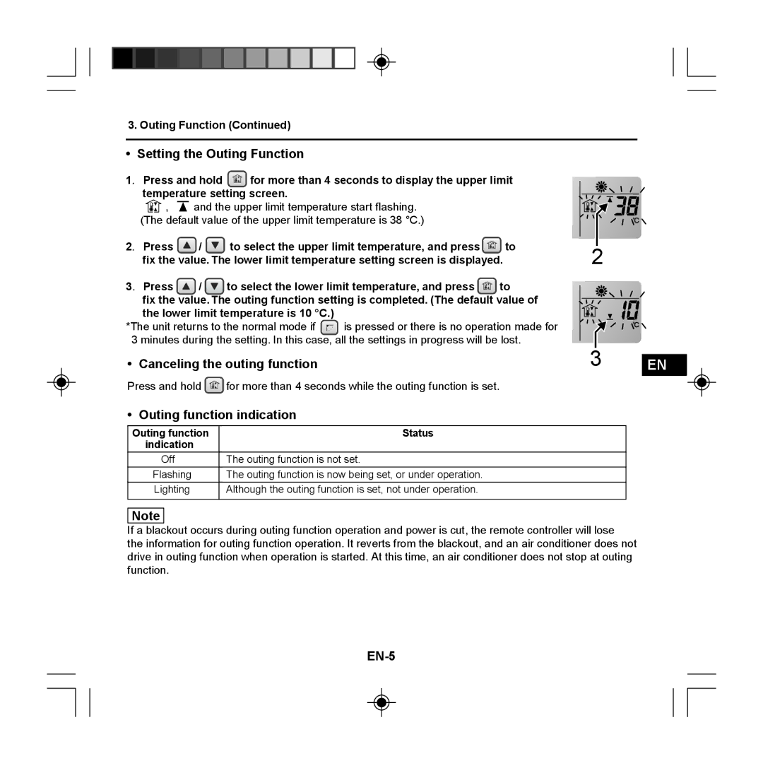 Panasonic CZ-RE2C2 Setting the Outing Function, Canceling the outing function, Outing function indication, EN-5 