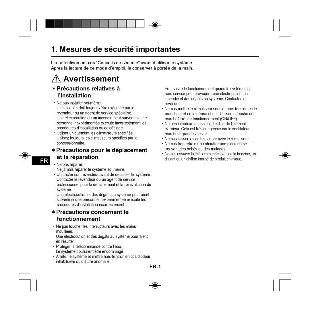 Panasonic CZ-RE2C2 instruction manual Avertissement, Mesures de sécurité importantes 