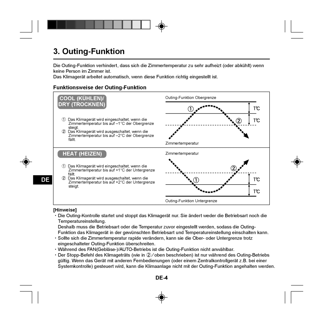 Panasonic CZ-RE2C2 instruction manual Funktionsweise der Outing-Funktion, Cool Kühlen, Dry Trocknen, Heat Heizen, DE-4 