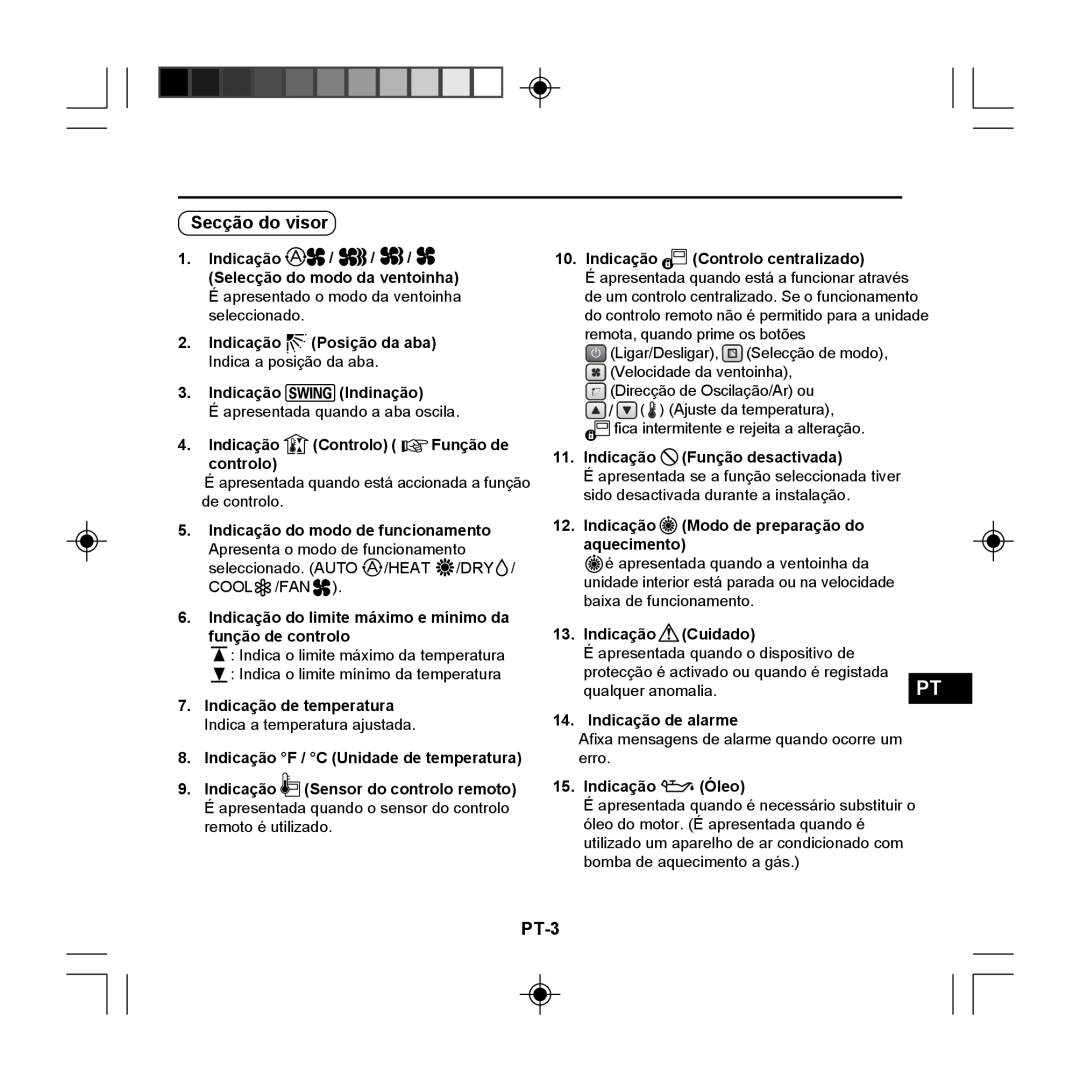 Panasonic CZ-RE2C2 instruction manual Secção do visor, PT-3 