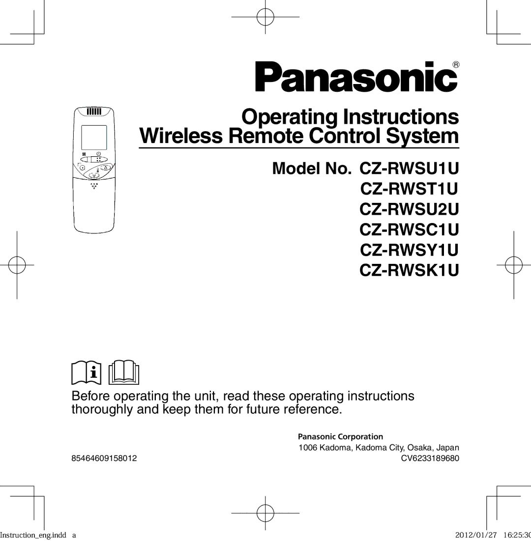 Panasonic CZ-RWST1U, CZ-RWSK1U, CZ-RWSY1U operating instructions Operating Instructions Wireless Remote Control System 