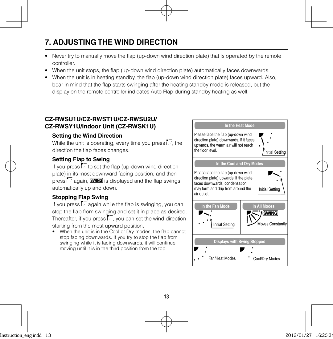 Panasonic CZ-RWSC1U Adjusting the Wind Direction, Setting the Wind Direction, Setting Flap to Swing, Stopping Flap Swing 