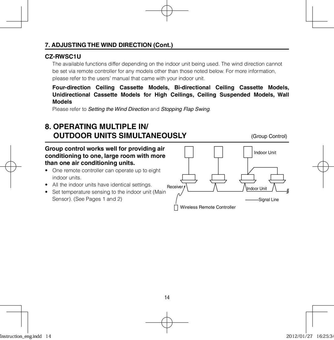 Panasonic CZ-RWSU2U, CZ-RWSK1U, CZ-RWST1U Operating Multiple Outdoor Units Simultaneously, Adjusting the Wind Direction 