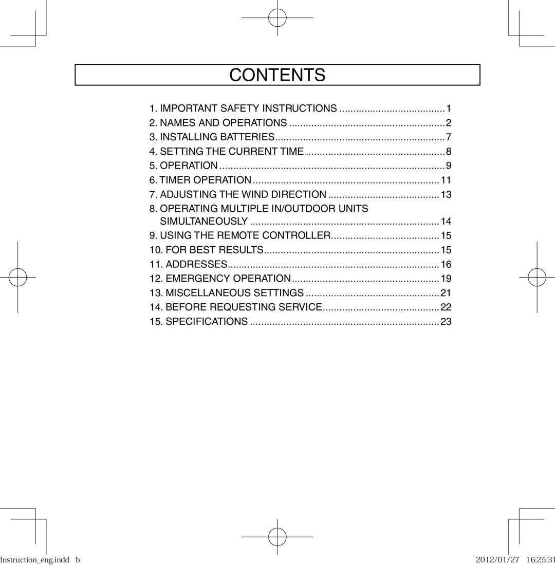 Panasonic CZ-RWSY1U, CZ-RWSK1U, CZ-RWST1U, CZ-RWSC1U, CZ-RWSU2U, CZ-RWSU1U operating instructions Contents 