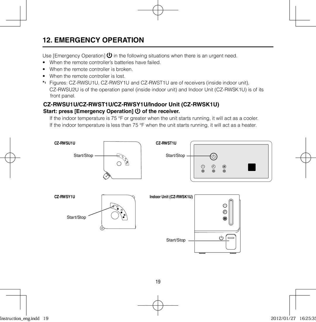 Panasonic CZ-RWSC1U, CZ-RWSU2U Emergency Operation, CZ-RWSU1U/CZ-RWST1U/CZ-RWSY1U/Indoor Unit CZ-RWSK1U 