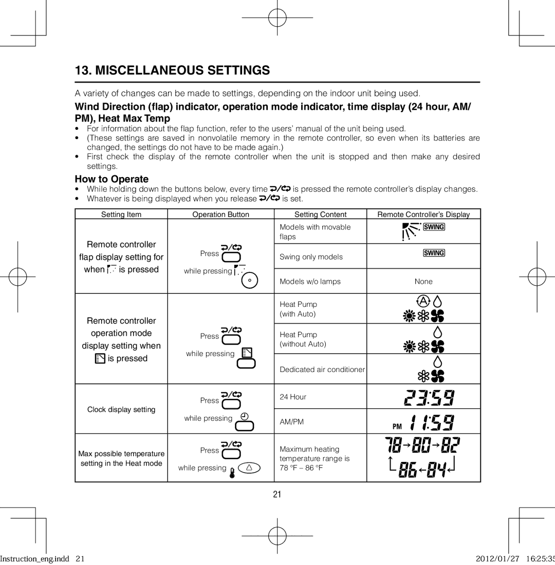 Panasonic CZ-RWSU1U, CZ-RWSK1U, CZ-RWST1U, CZ-RWSY1U, CZ-RWSC1U, CZ-RWSU2U Miscellaneous Settings, How to Operate 