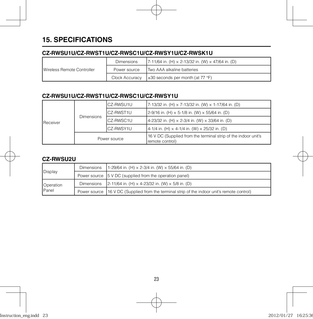 Panasonic CZ-RWSU2U operating instructions Specifications, CZ-RWSU1U/CZ-RWST1U/CZ-RWSC1U/CZ-RWSY1U/CZ-RWSK1U 