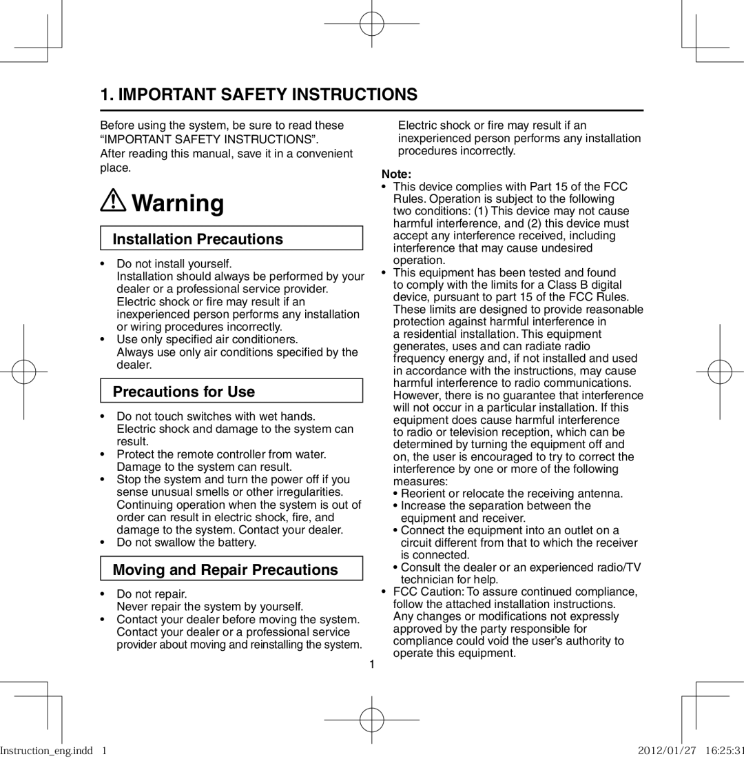 Panasonic CZ-RWSC1U, CZ-RWSK1U, CZ-RWST1U, CZ-RWSY1U, CZ-RWSU2U Important Safety Instructions, Installation Precautions 