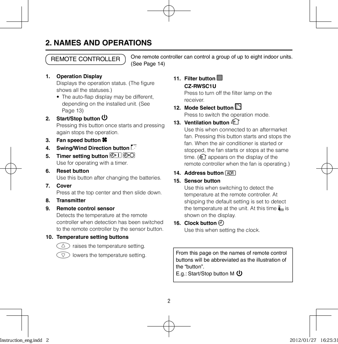 Panasonic CZ-RWSU2U, CZ-RWSK1U, CZ-RWST1U, CZ-RWSY1U, CZ-RWSC1U, CZ-RWSU1U Names and Operations, Remote Controller 