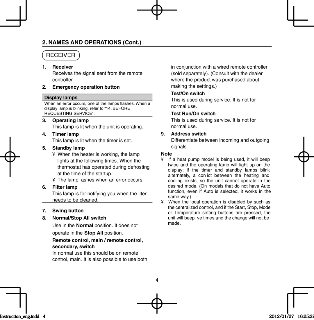 Panasonic CZ-RWSK1U, CZ-RWST1U, CZ-RWSY1U, CZ-RWSC1U, CZ-RWSU2U, CZ-RWSU1U operating instructions Names and Operations, Receiver 