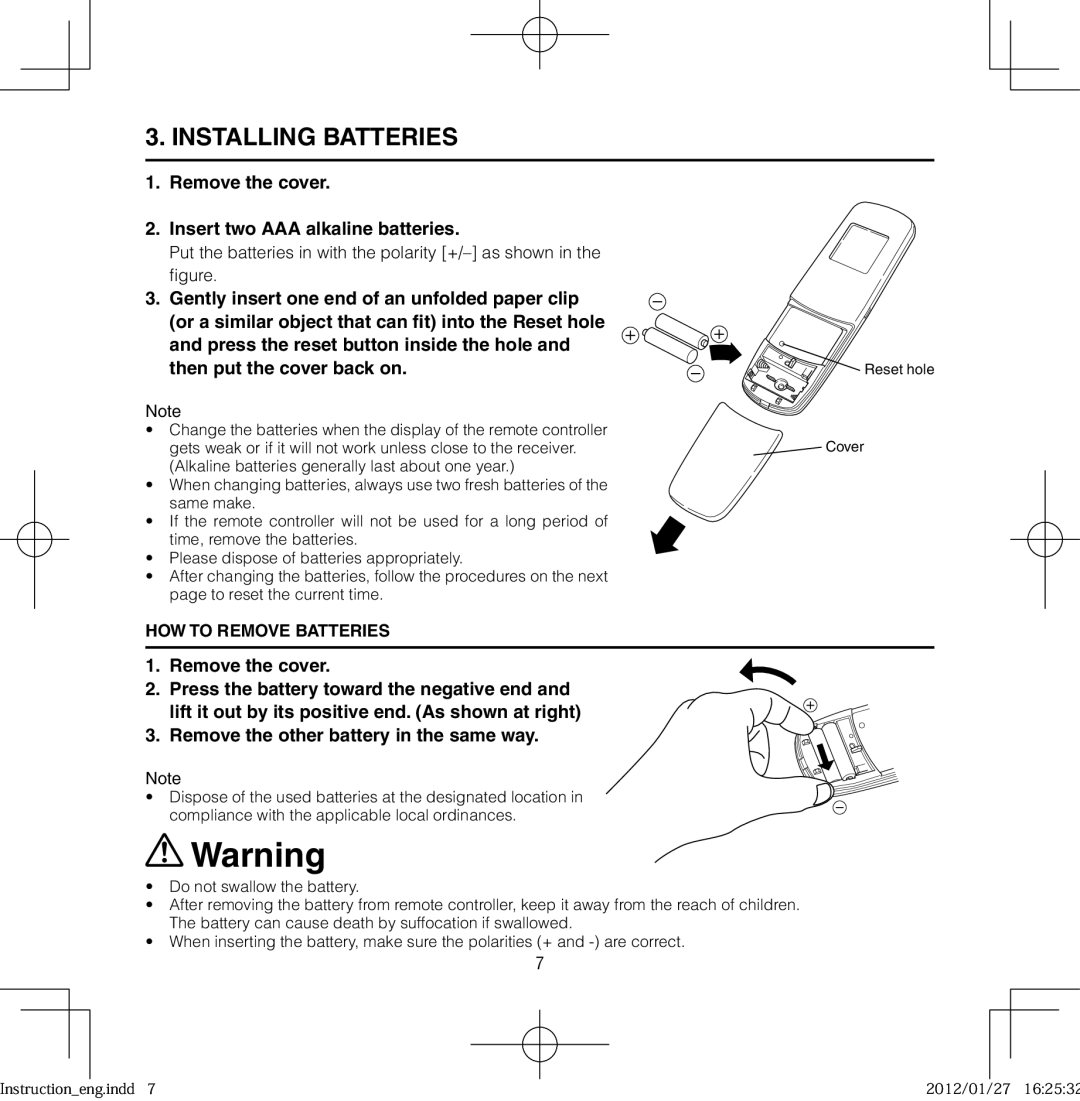 Panasonic CZ-RWSC1U, CZ-RWSK1U, CZ-RWST1U Installing Batteries, Remove the cover Insert two AAA alkaline batteries 