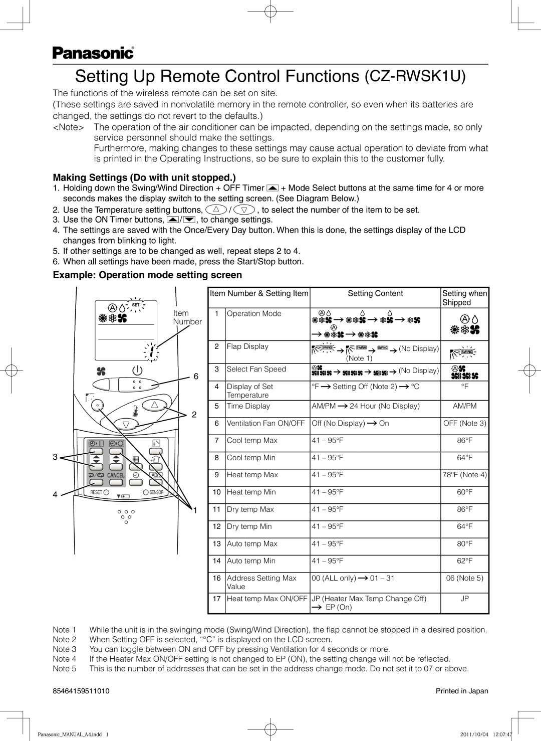Panasonic manual Setting Up Remote Control Functions CZ-RWSK1U, Making Settings Do with unit stopped 