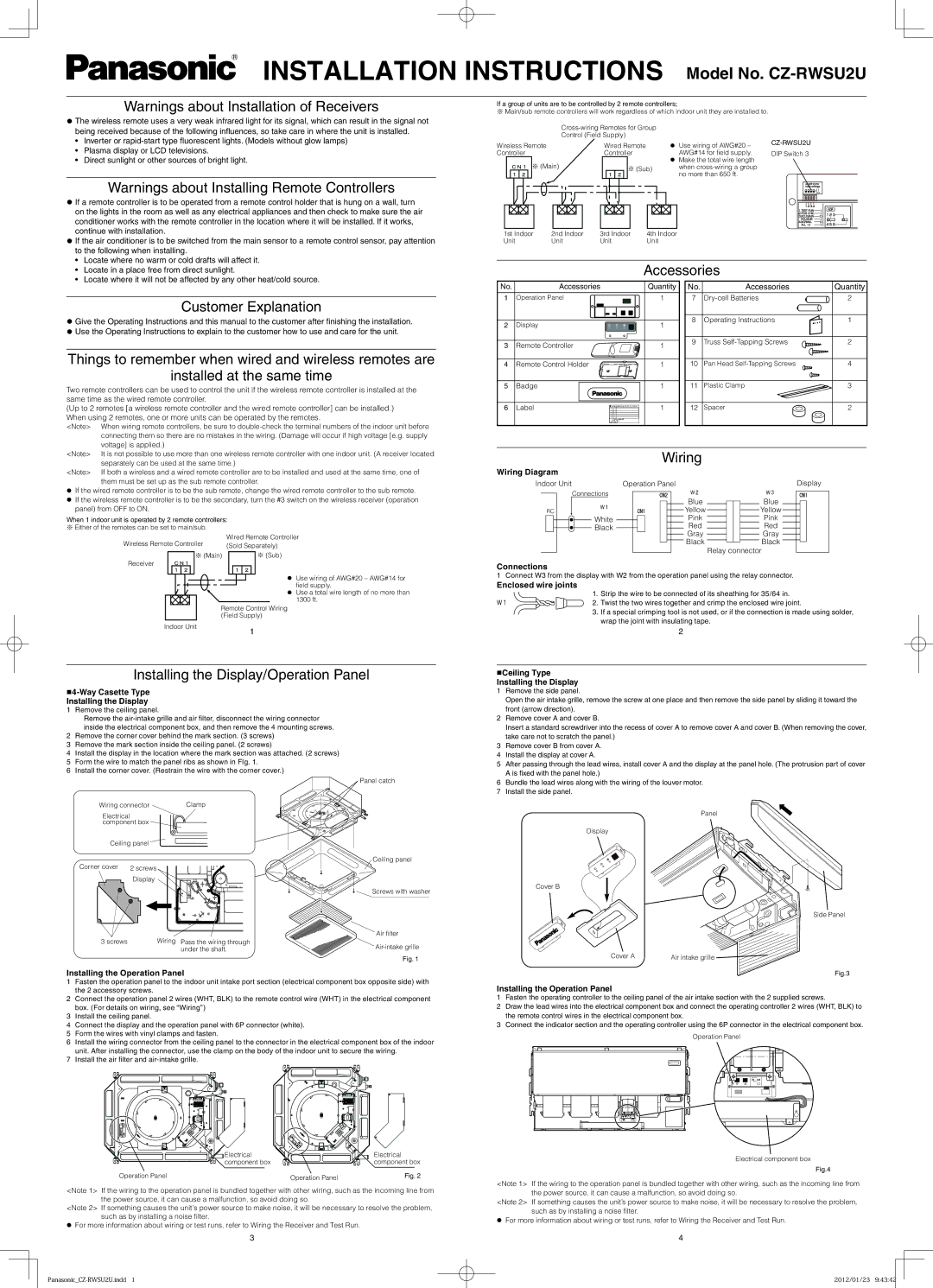 Panasonic CZ-RWSU2U installation instructions Accessories Customer Explanation, Wiring 