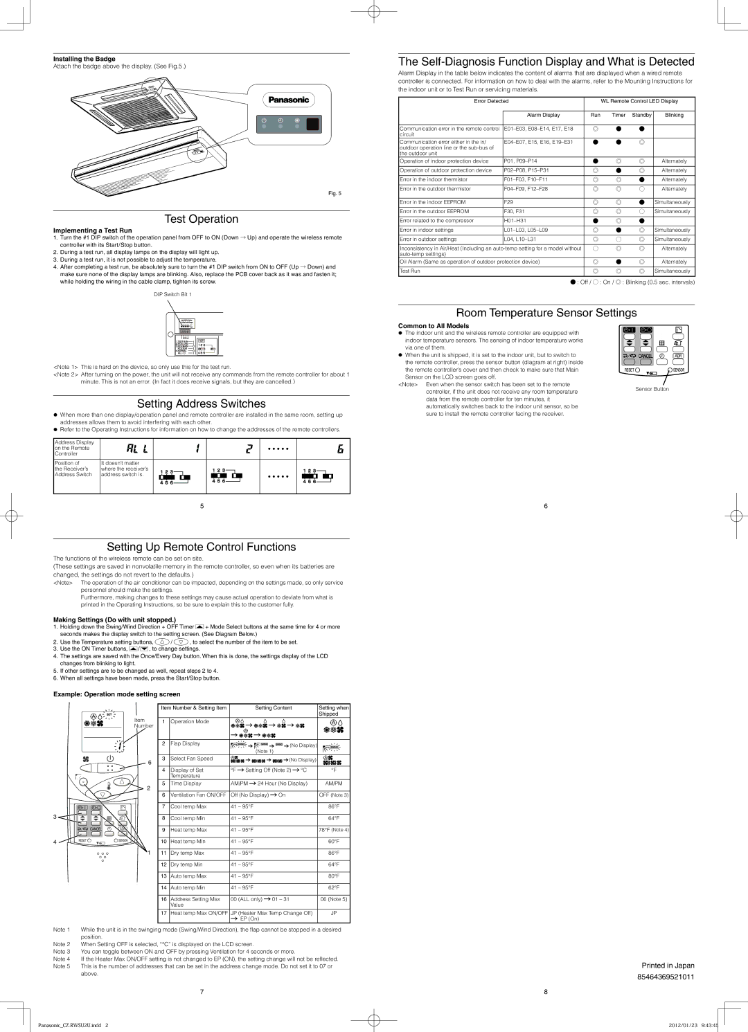 Panasonic CZ-RWSU2U Test Operation, Setting Address Switches, Self-Diagnosis Function Display and What is Detected 