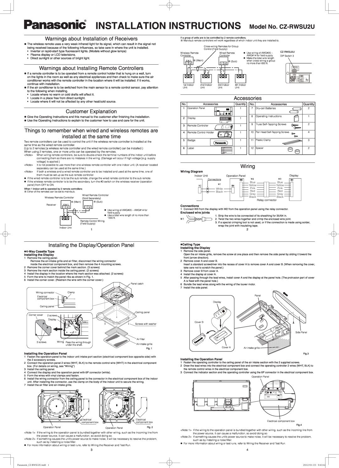 Panasonic CZ-RWSU2U installation instructions Warnings about Installation of Receivers, Accessories, Customer Explanation 