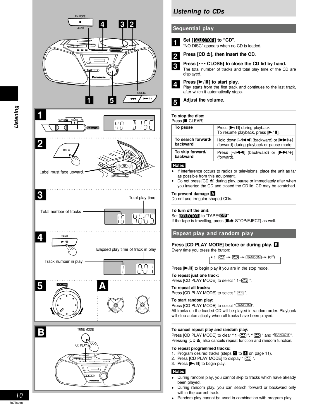 Panasonic D11, RX-D10 operating instructions Listening to CDs, Sequential play, Repeat play and random play 