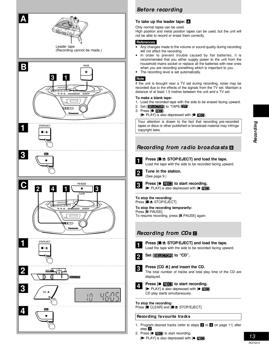 Panasonic RX-D10, D11 operating instructions Before recording, Recording from radio broadcasts B, Recording from CDs C 