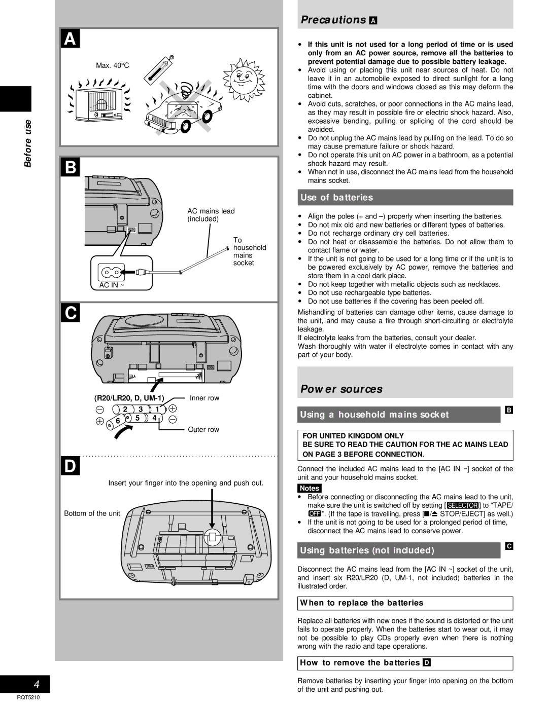 Panasonic D11, RX-D10 operating instructions Precautions a, Power sources, Beforeuse B 