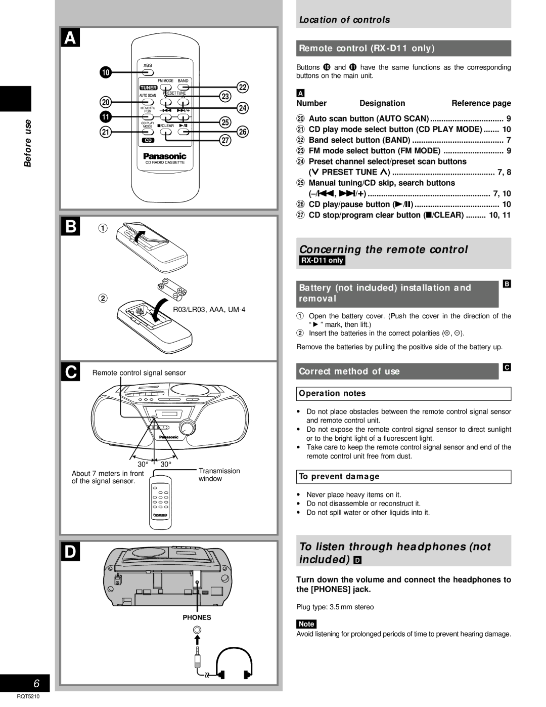 Panasonic D11 Concerning the remote control, To listen through headphones not Included D, Use Before, Location of controls 