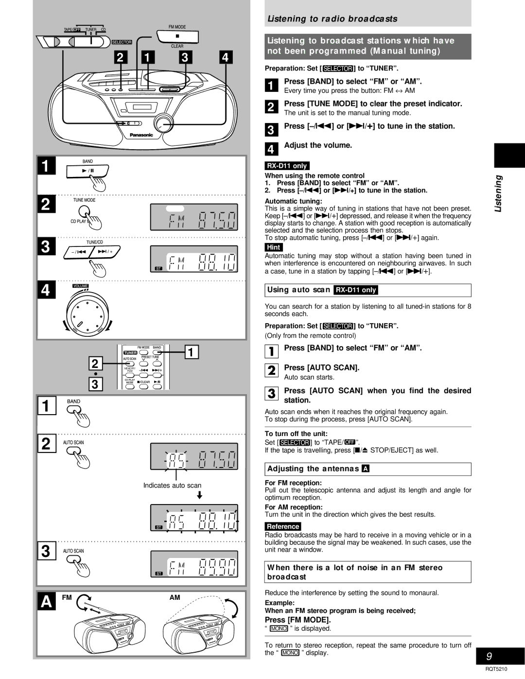 Panasonic RX-D10, D11 operating instructions Listening to radio broadcasts 