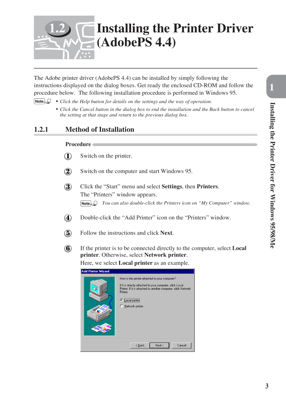 Panasonic DA-MC700 manual Installing the Printer Driver, AdobePS, Method of Installation, Procedure 