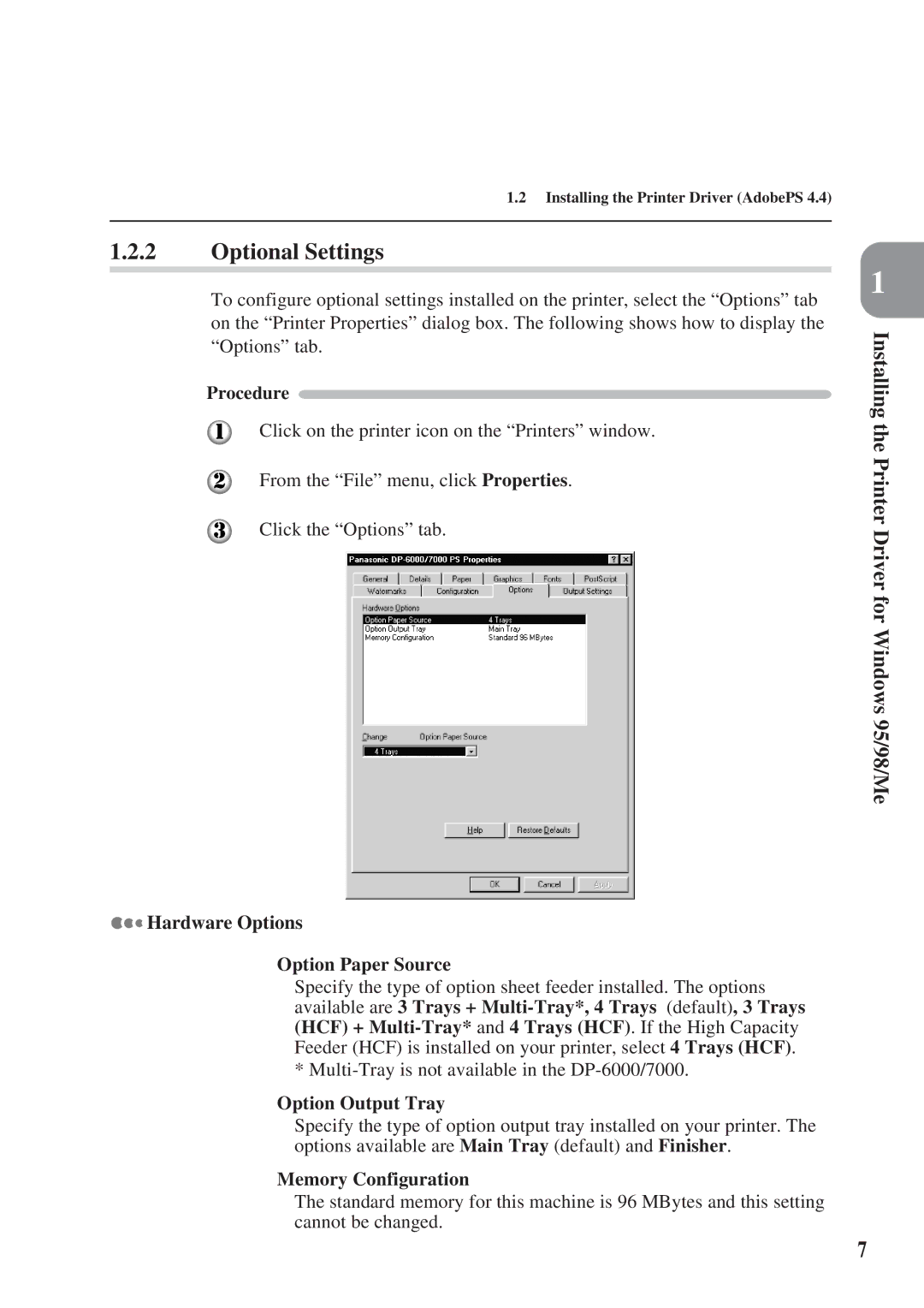 Panasonic DA-MC700 Optional Settings, Hardware Options, Option Paper Source, Option Output Tray, Memory Configuration 