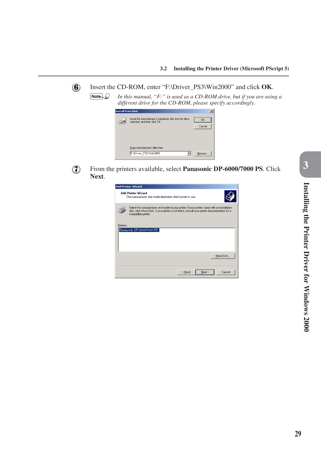 Panasonic DA-MC700 manual Insert the CD-ROM, enter F\DriverPS3\Win2000 and click OK 