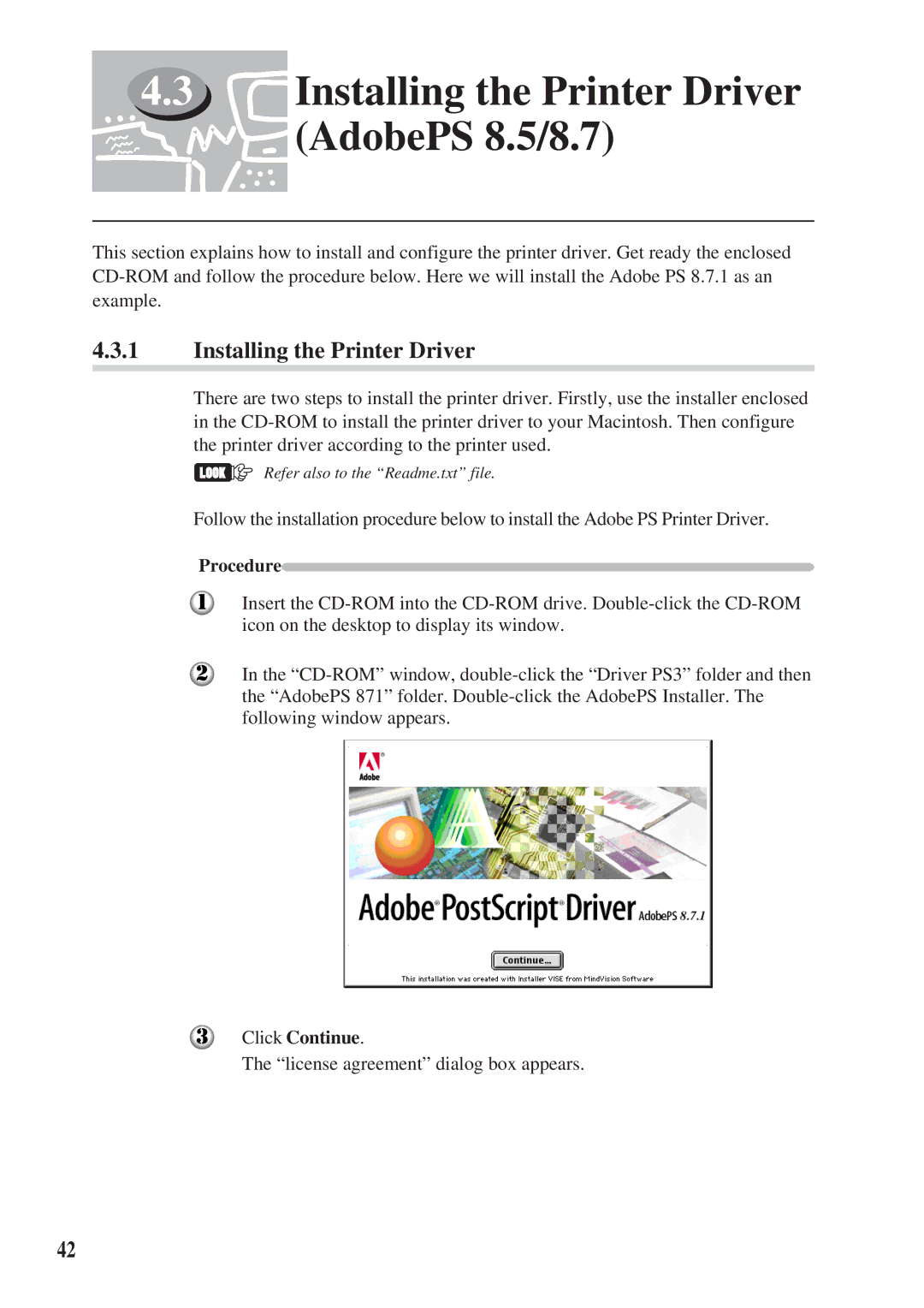 Panasonic DA-MC700 manual AdobePS 8.5/8.7, Installing the Printer Driver, Click Continue 