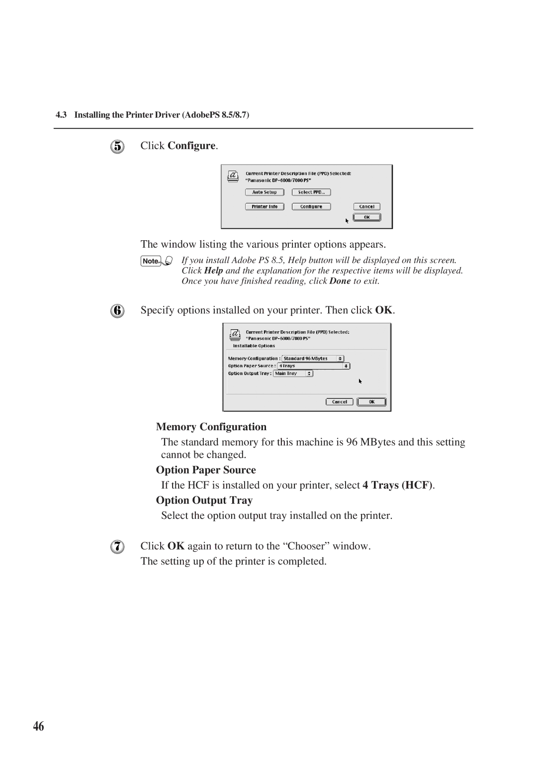 Panasonic DA-MC700 manual Click Configure, Window listing the various printer options appears 