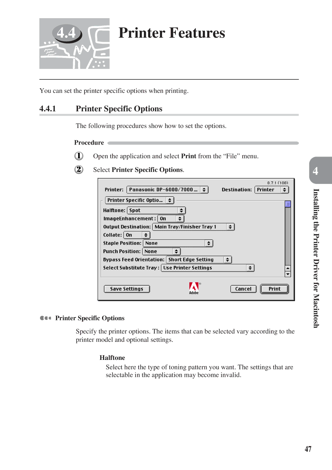 Panasonic DA-MC700 manual Printer Features, Select Printer Specific Options 