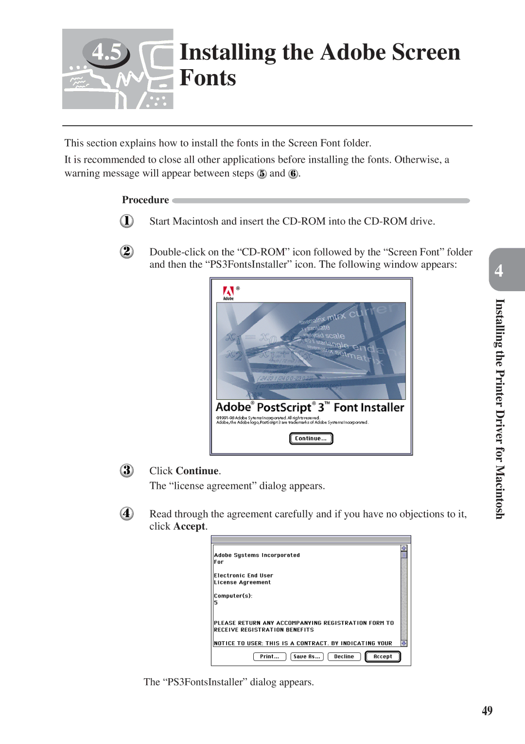 Panasonic DA-MC700 manual Installing the Adobe Screen, Fonts 