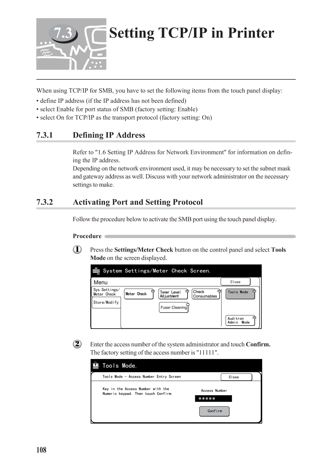 Panasonic DA-PC700 manual Setting TCP/IP in Printer, Defining IP Address, 108 