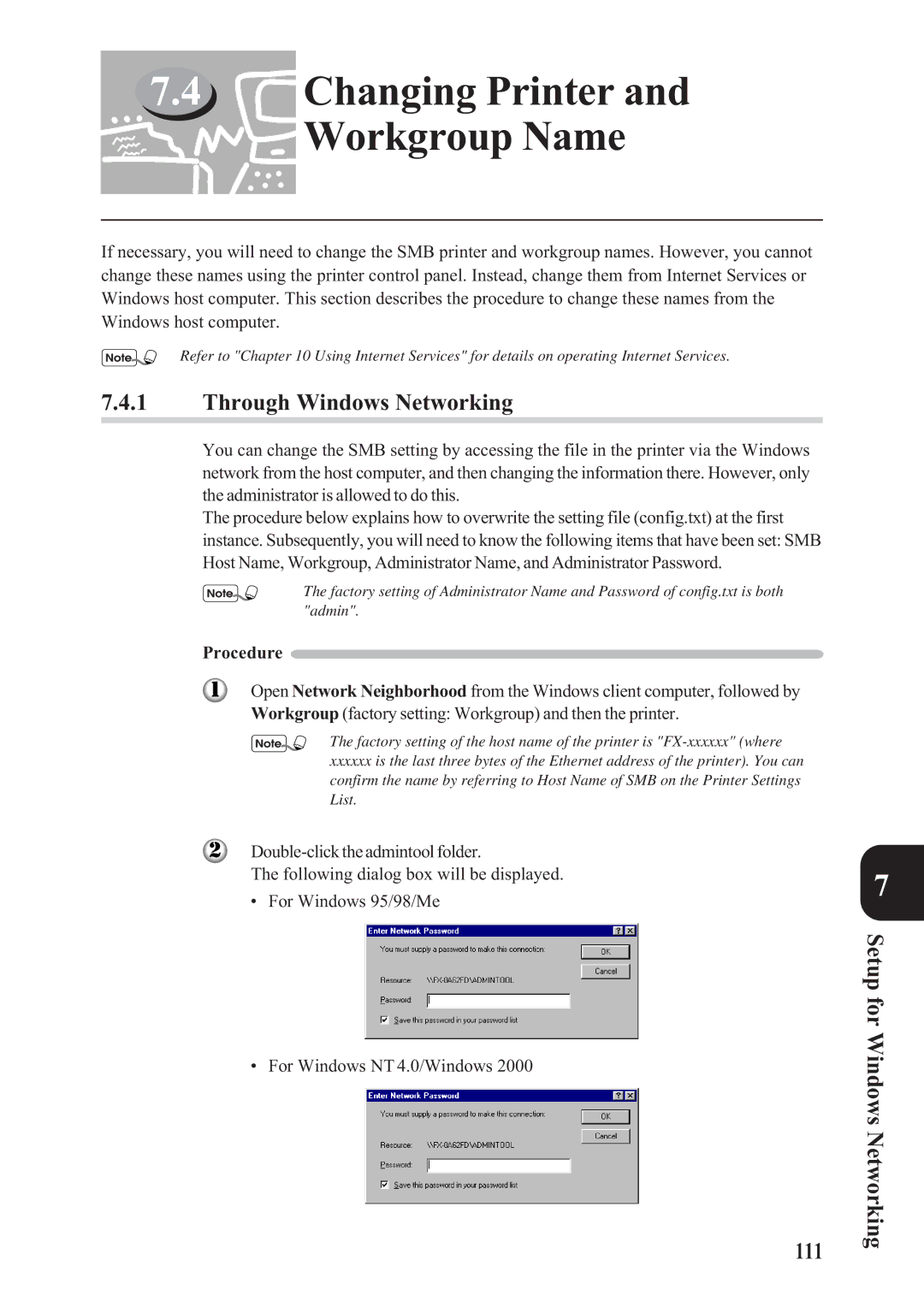 Panasonic DA-PC700 manual Changing Printer Workgroup Name, Through Windows Networking, Setup for Windows Networking 