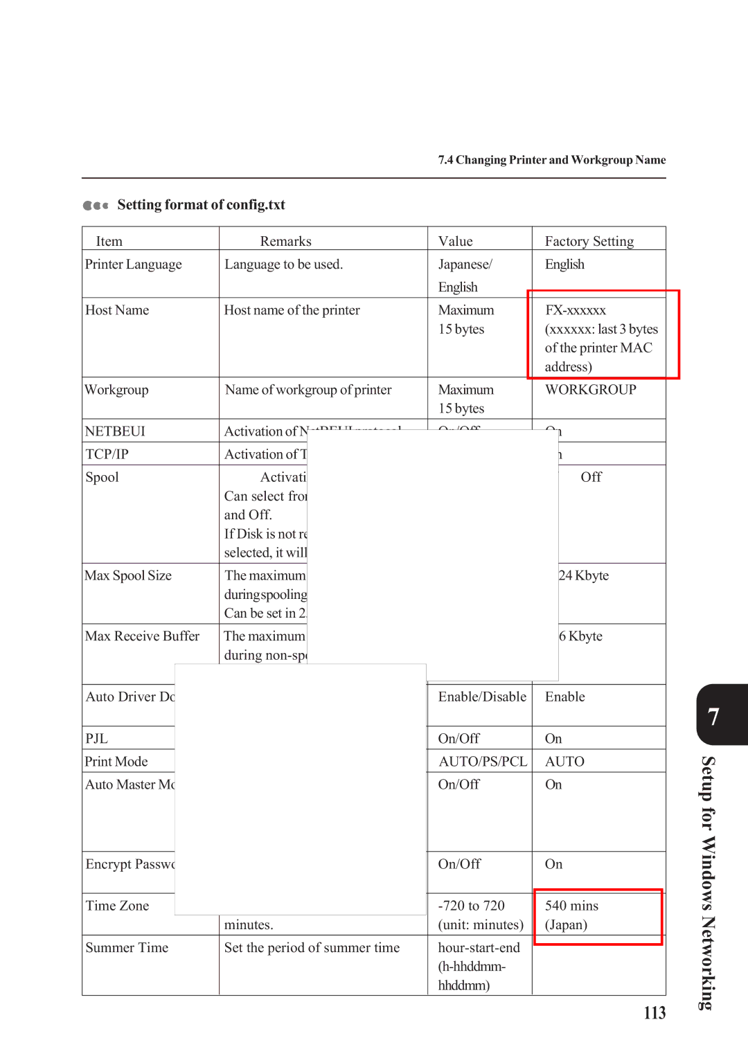 Panasonic DA-PC700 manual 113, Setting format of config.txt, Activation of NetBEUI protocol On/Off 