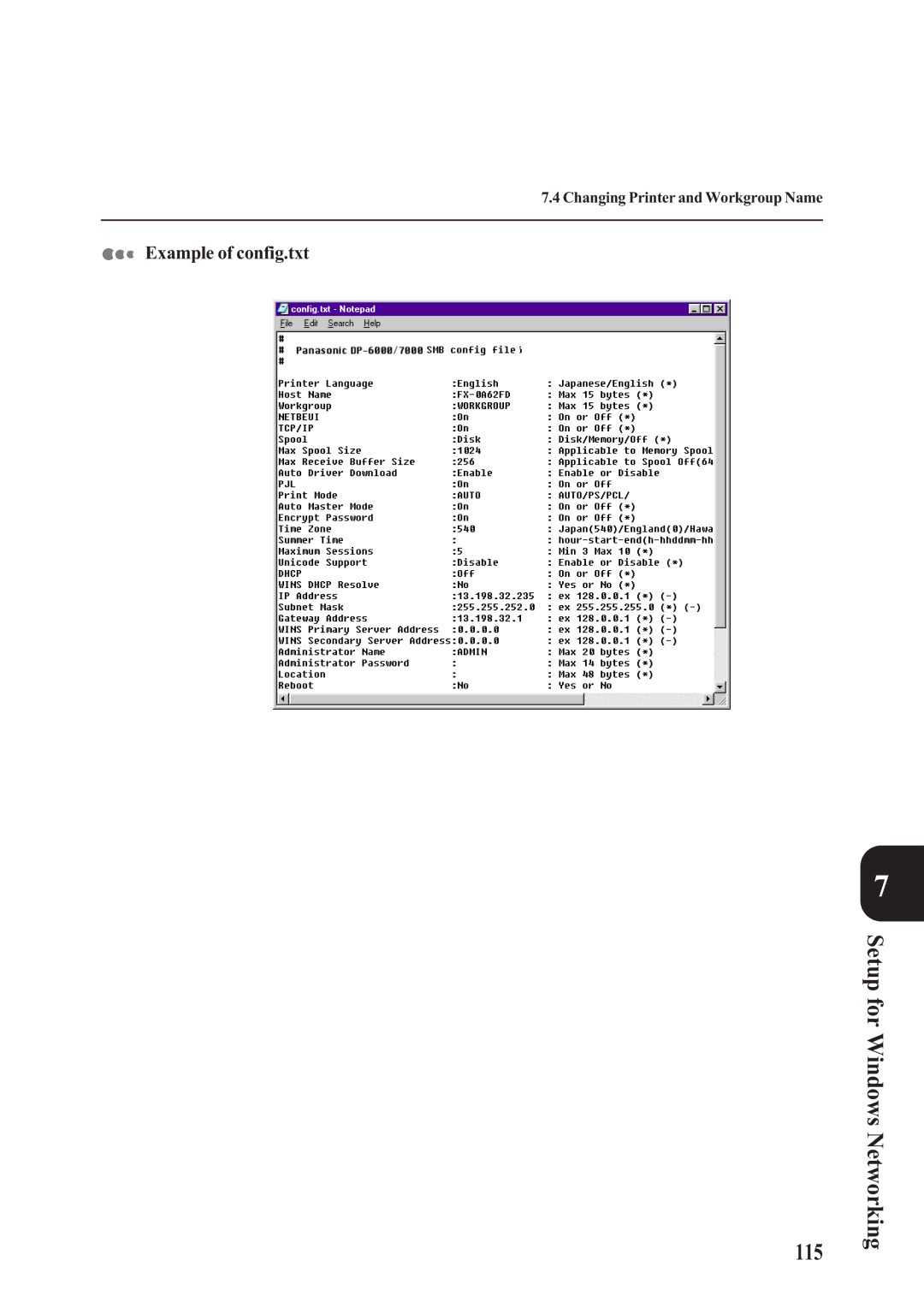 Panasonic DA-PC700 manual Setup for Windows Networking, Example of config.txt 