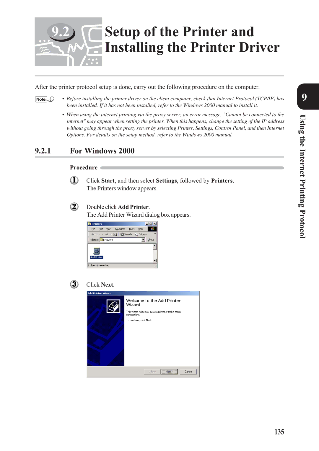 Panasonic DA-PC700 manual Setup of the Printer Installing the Printer Driver, Using the Internet Printing Protocol 135 