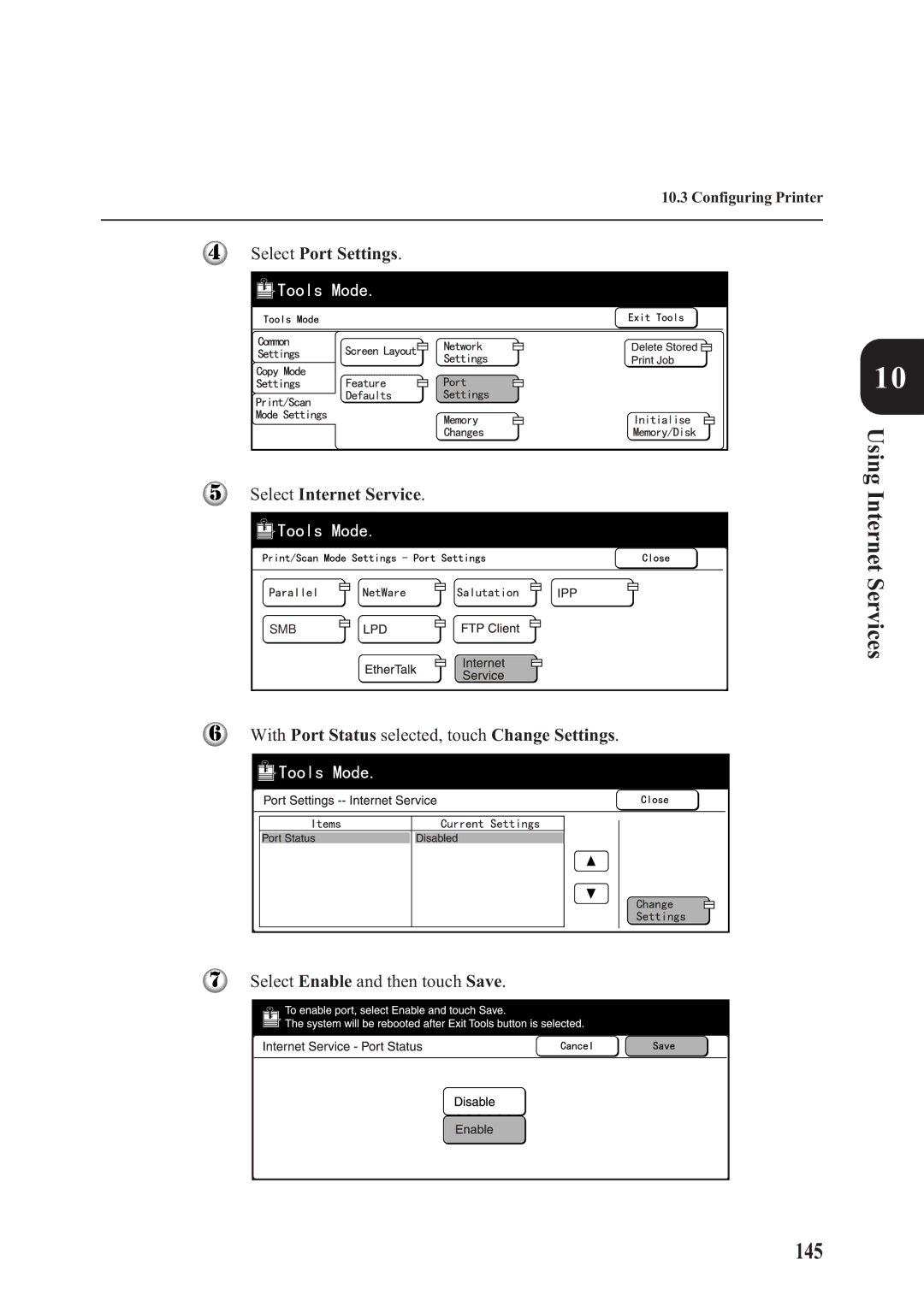 Panasonic DA-PC700 manual Using Internet Services, 145, Select Port Settings Select Internet Service 