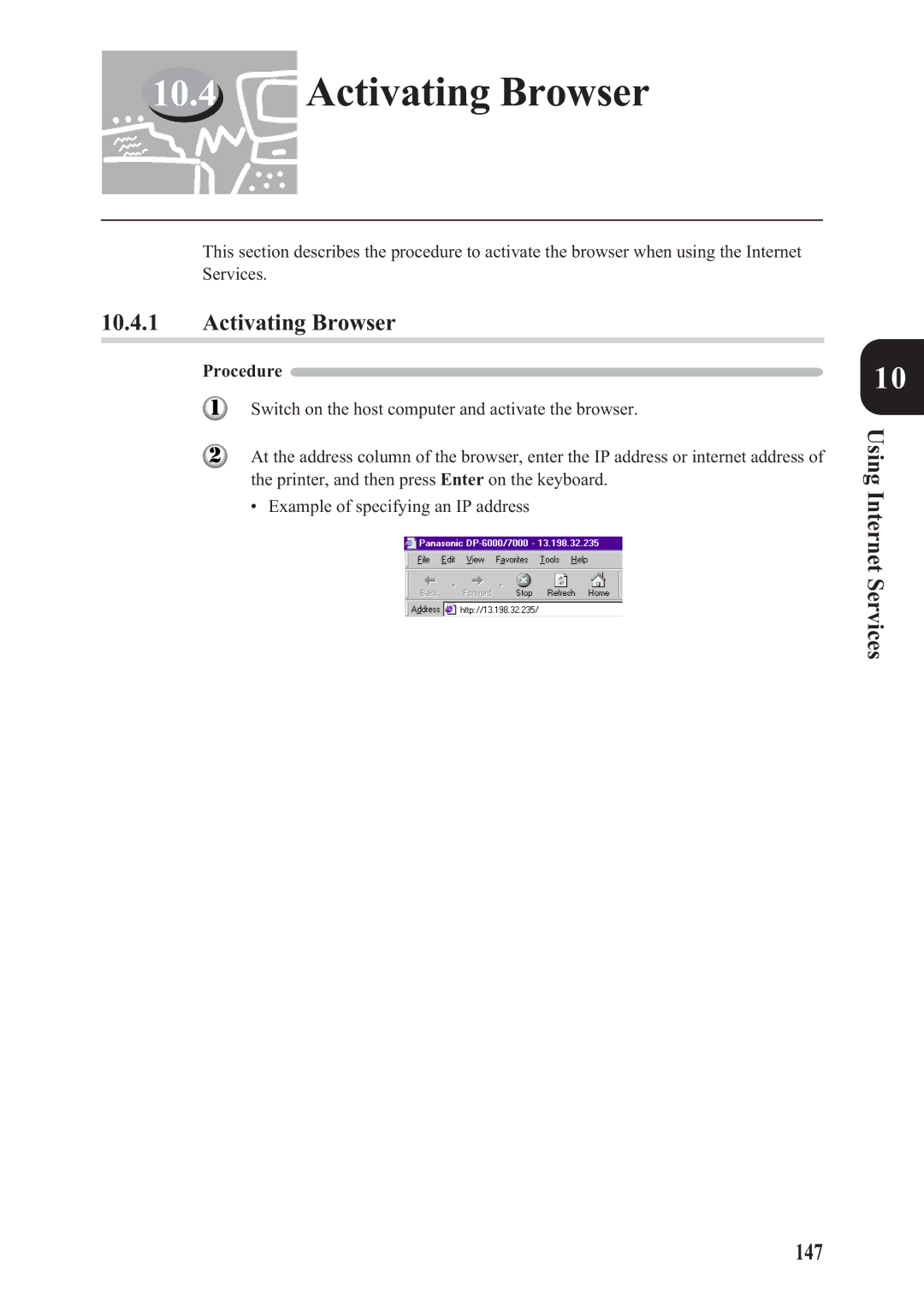 Panasonic DA-PC700 manual Activating Browser, Using Internet Services 147 