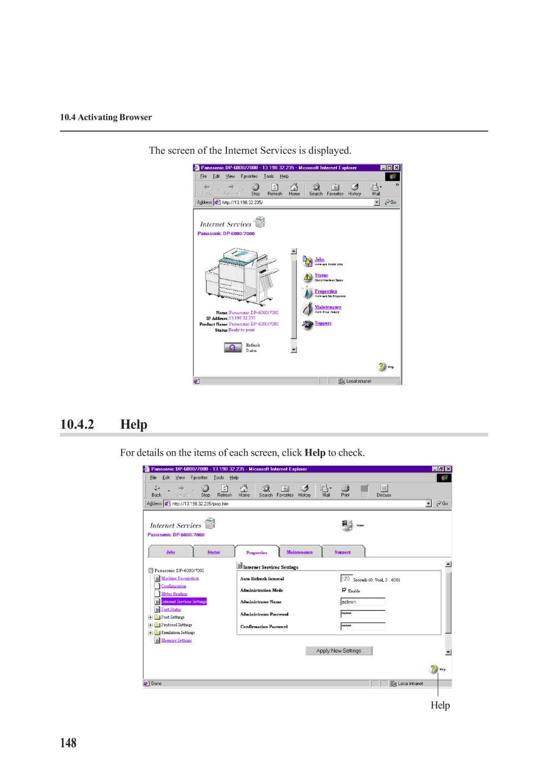 Panasonic DA-PC700 manual Help, 148, Screen of the Internet Services is displayed 