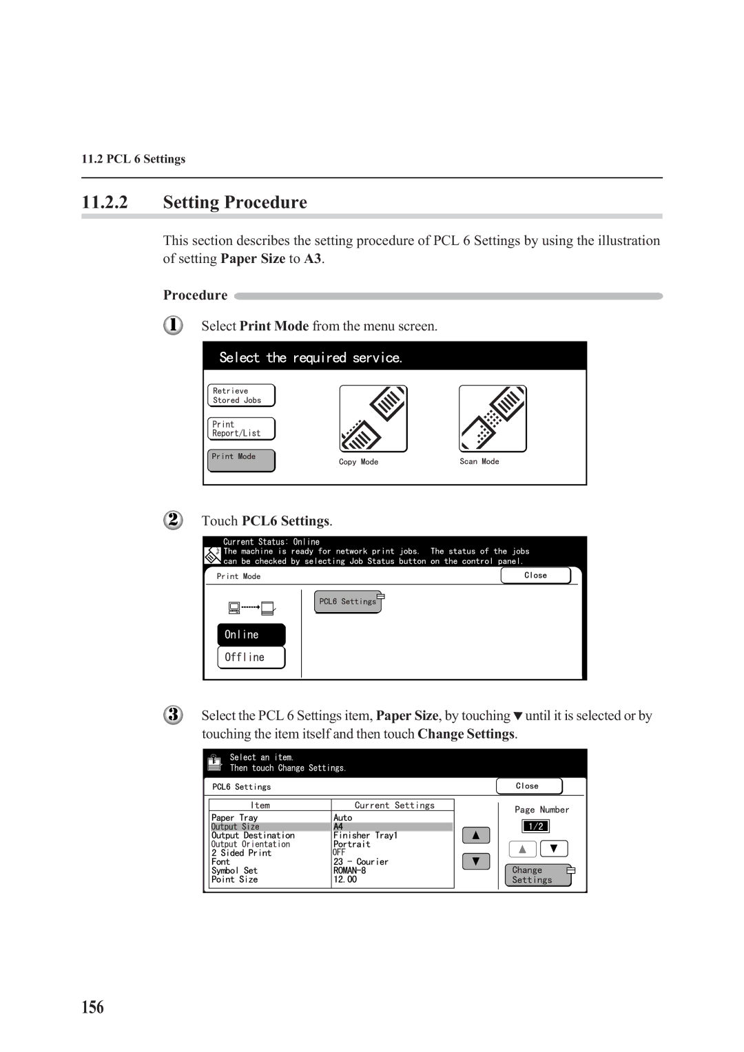 Panasonic DA-PC700 manual Setting Procedure, 156, Select Print Mode from the menu screen, Touch PCL6 Settings 