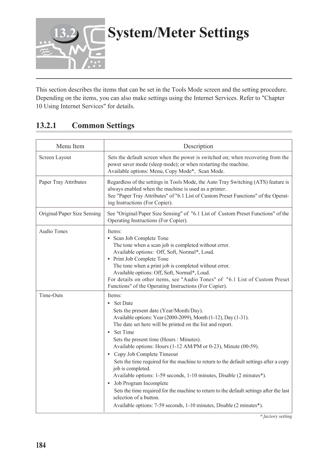 Panasonic DA-PC700 manual System/Meter Settings, Common Settings, 184 