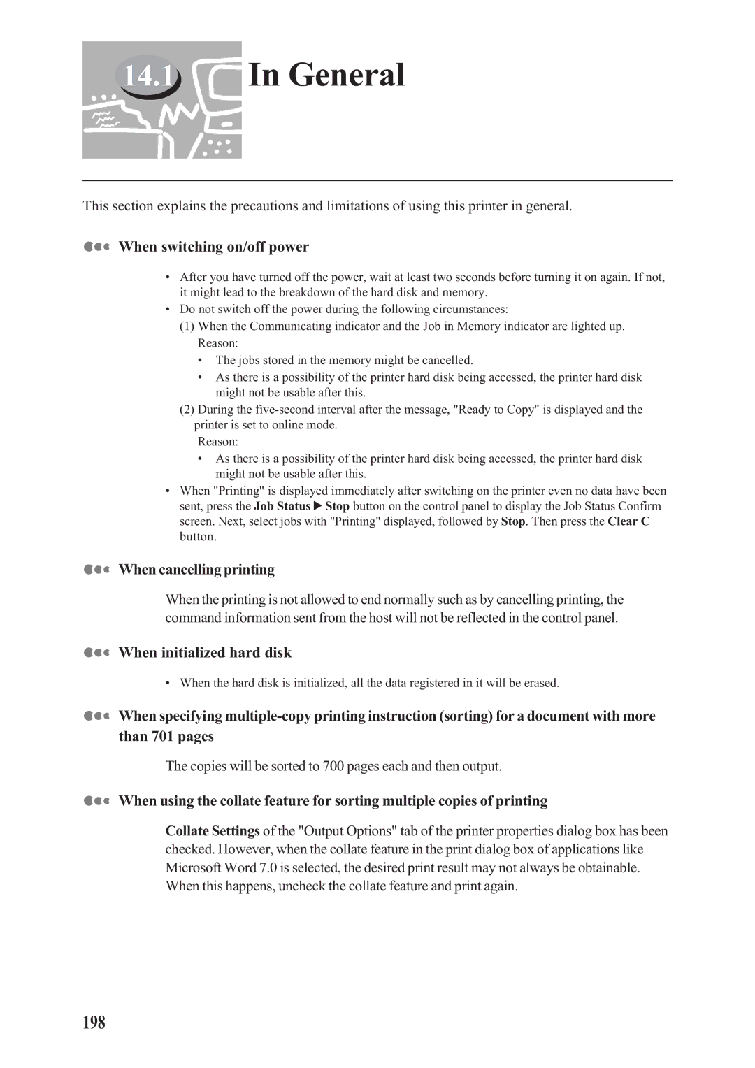 Panasonic DA-PC700 manual General, 198, When switching on/off power, When cancelling printing, When initialized hard disk 