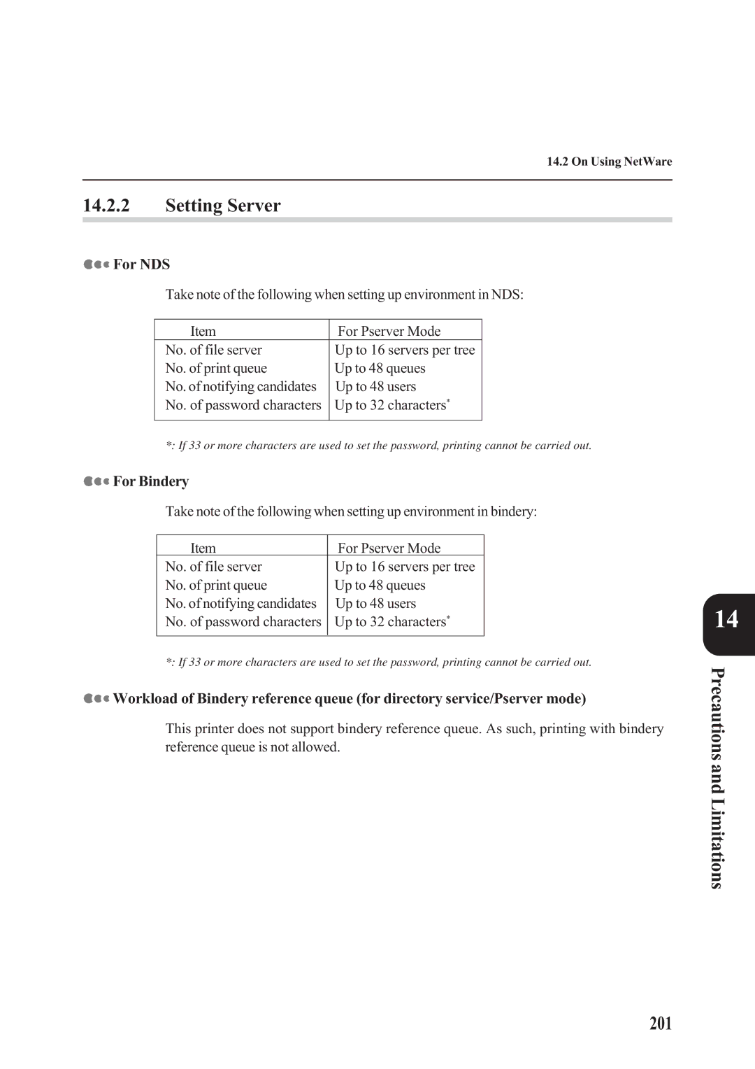 Panasonic DA-PC700 manual Setting Server, Precautions and Limitations 201, For NDS, For Bindery 