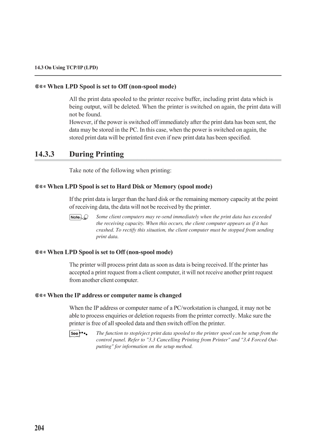 Panasonic DA-PC700 manual 204, When LPD Spool is set to Off non-spool mode, When the IP address or computer name is changed 