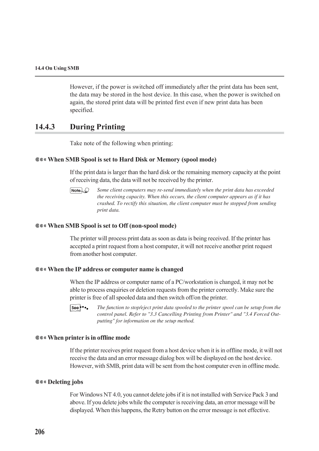 Panasonic DA-PC700 manual 206, When SMB Spool is set to Hard Disk or Memory spool mode, When printer is in offline mode 