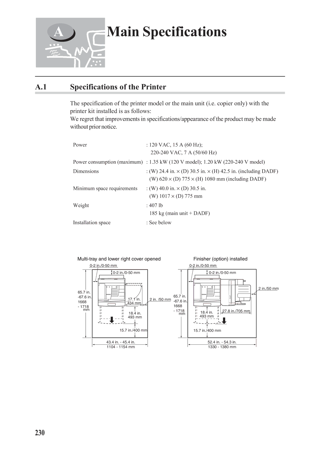 Panasonic DA-PC700 manual Main Specifications, Specifications of the Printer, 230 